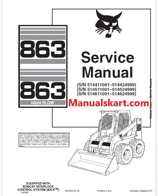 Bobcat 863, 863 High Flow Skid Steer Loader Pdf Repair Service Manual