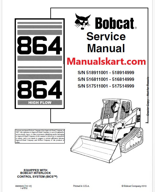 Bobcat 864, 864 High Flow Skid Steer Loader Pdf Repair Service Manual (Pb no. 6900945)