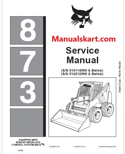 Bobcat 873 Skid Steer Loader Pdf Repair Service Manual (Pb no. 6724280)