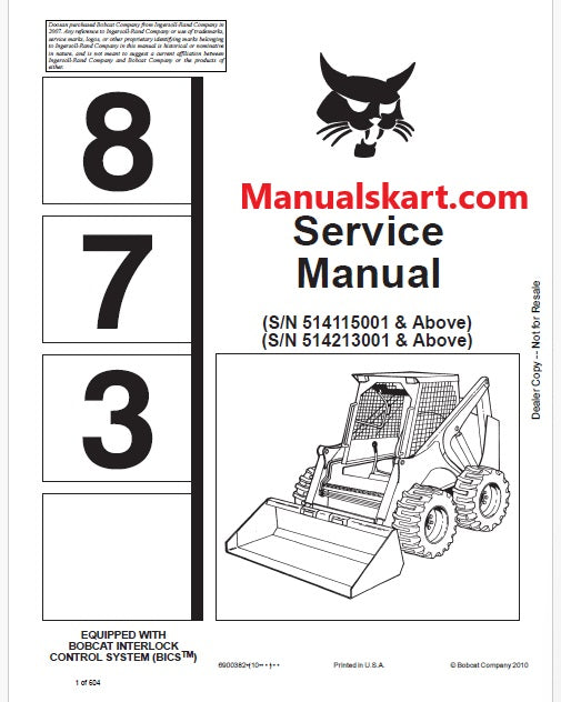 Bobcat 873 Skid Steer Loader Pdf Repair Service Manual (Pb no. 6900382)