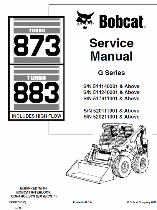 Bobcat 873 Turbo High Flow Skid Steer Loader G Series Pdf Repair Service Manual