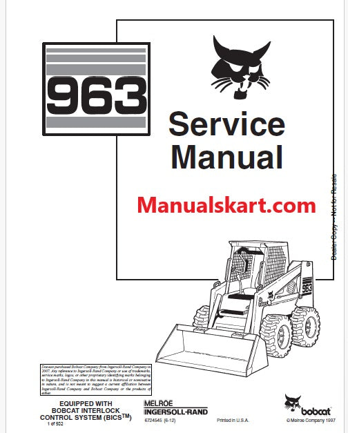 Bobcat 963 Skid Steer Loader Pdf Repair Service Manual (Pb no. 6724545)