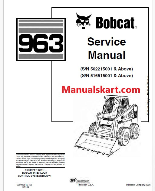 Bobcat 963 Skid Steer Loader Pdf Repair Service Manual (Pb no. 6900988)