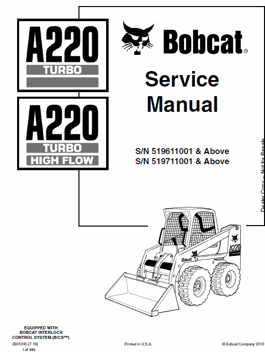 Bobcat A220 Turbo High Flow Skid Steer Loader Pdf Repair Service Manual