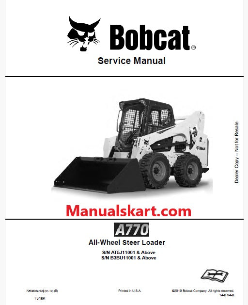 Bobcat A770 Skid Steer Loader/ All Wheel Steer Loader Pdf Repair Service Manual (Pb no. 7253836enUS)