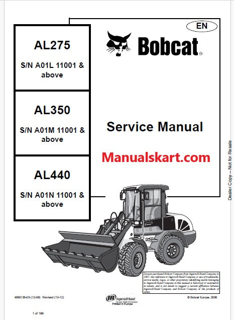 Bobcat AL275 Articulated Loader Pdf Repair Service Manual S/N A01L11001 & above