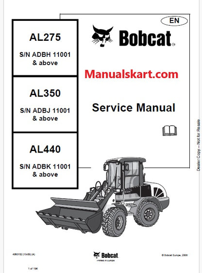 Bobcat AL275 Articulated Loader Pdf Repair Service Manual S/N ADBH11001 & above