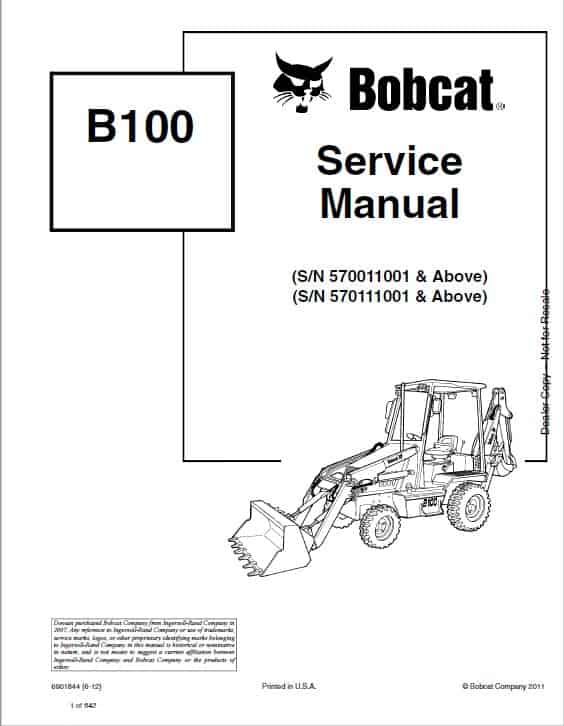 Bobcat B100 Backhoe Loader B-series Pdf Repair Service Manual (Pb. No. 6902812 (6-12))