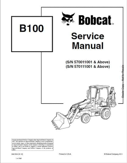 Bobcat B100 Backhoe Loader B-series Pdf Repair Service Manual (Pb. No. 6902812 (6-12))