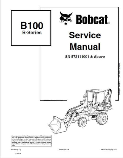 Bobcat B100 Backhoe Loader Pdf Repair Service Manual (Pb. No. 6901844 (6-12))