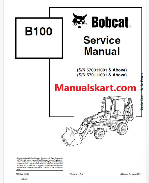 Bobcat B100 Backhoe Loader Pdf Repair Service Manual (Pb no. 6901844)