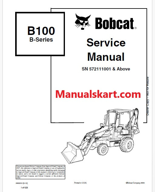 Bobcat B100 Backhoe Loader Pdf Repair Service Manual (Pb no. 6902812)