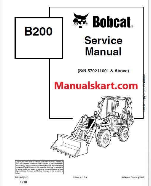 Bobcat B200 Backhoe Loader Pdf Repair Service Manual (Pb no. 6901848)