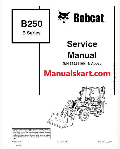 Bobcat B250 Backhoe Loader B Series Pdf Repair Service Manual (Pb no. 6902715)