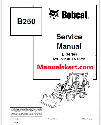 Bobcat B250 Backhoe Loader B Series Pdf Repair Service Manual (Pb no. 6903864)