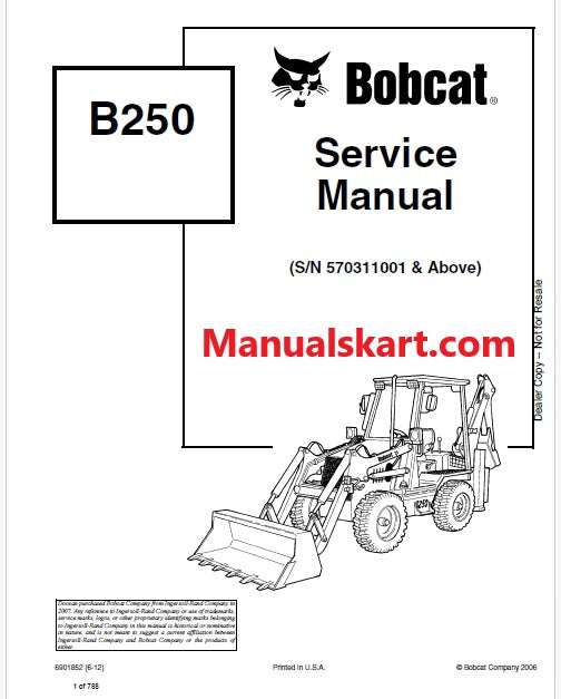 Bobcat B250 Backhoe Loader Pdf Repair Service Manual (Pb no. 6901852)