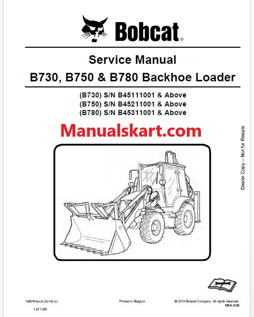 Bobcat B730, B750 & B780 Backhoe Loader Pdf Repair Service Manual (Pb no. 7286757enUS)