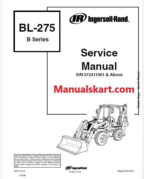 Bobcat BL275 Backhoe Loader B Series Pdf Repair Service Manual (Pb no. 6902717)