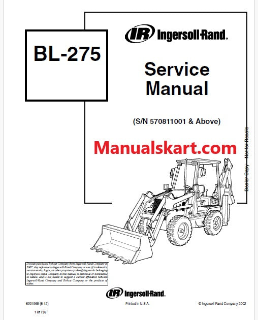 Bobcat BL275 Backhoe Loader Pdf Repair Service Manual (Pb no. 6901968)