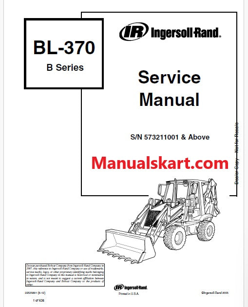 Bobcat BL370 Backhoe Loader B Series Pdf Repair Service Manual (Pb no. 22535801)