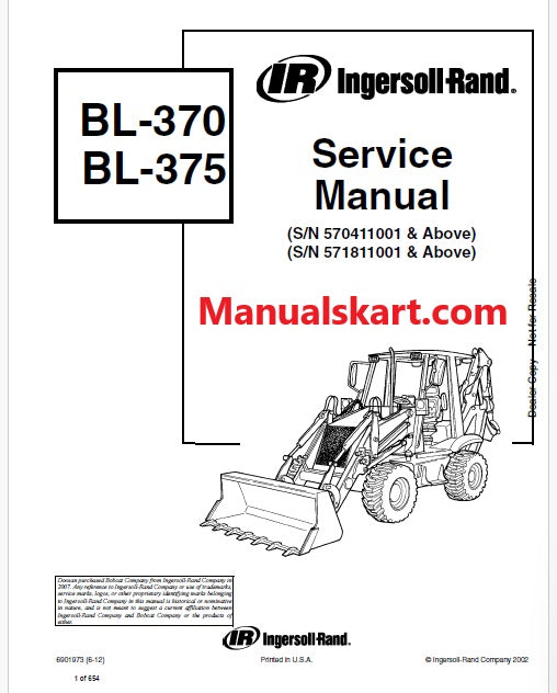 Bobcat BL370, BL375 Backhoe Loader Pdf Repair Service Manual (Pb no. 6901973)