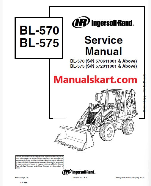 Bobcat BL570 Backhoe Loader Pdf Repair Service Manual (Pb no. 6902022)