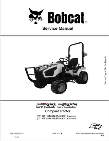 Bobcat CT1021, CT1025 HST Compact Tractor Pdf Repair Service Manual (Pb. No. 7408015ENUS 05-20 0) 2020