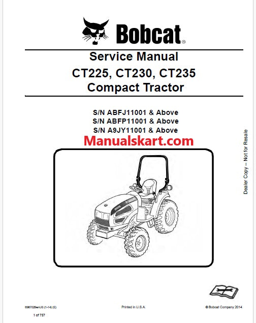 Bobcat CT225, CT230, CT235 Compact Tractor Pdf Repair Service Manual