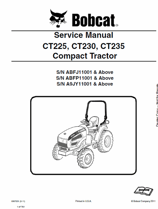 Bobcat CT225, CT230, CT235 Compact Tractor Pdf Repair Service Manual