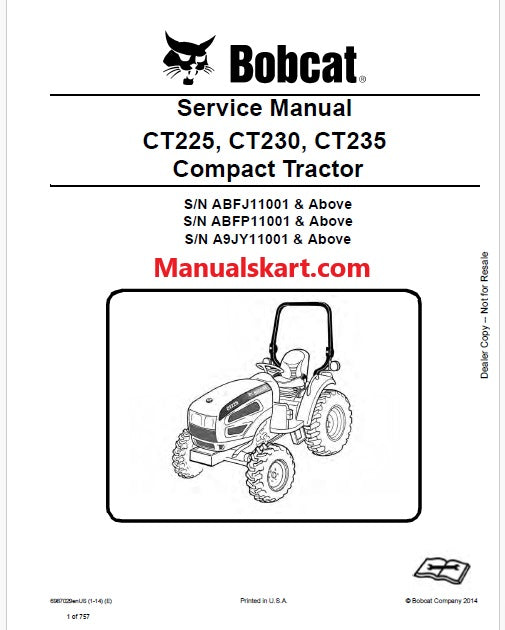 Bobcat CT225, CT230, CT235 Compact Tractor Pdf Repair Service Manual Download