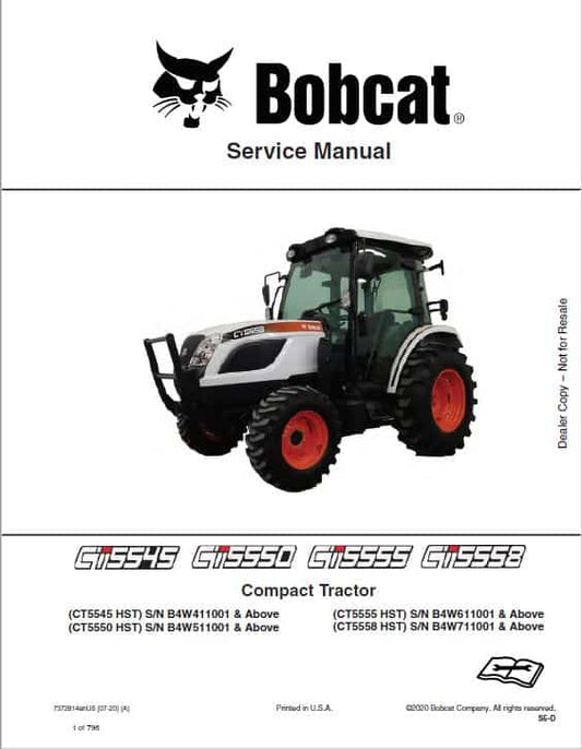 Bobcat CT5545, CT5550, CT5555, CT5558 HST Compact Tractor Pdf Repair Service Manual (Pb. No. 7372814ENUS 07-20 A)