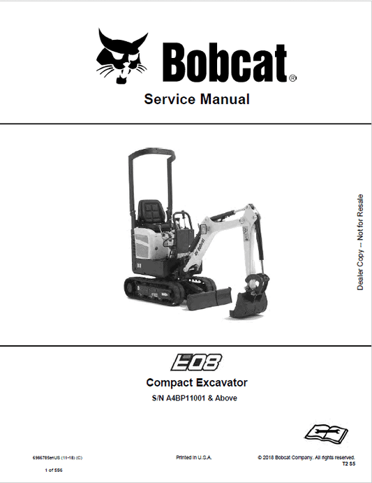 Bobcat E08 Compact Excavator Pdf Repair Service Manual (Pb. No. 6986785ENUS 11-18 C)