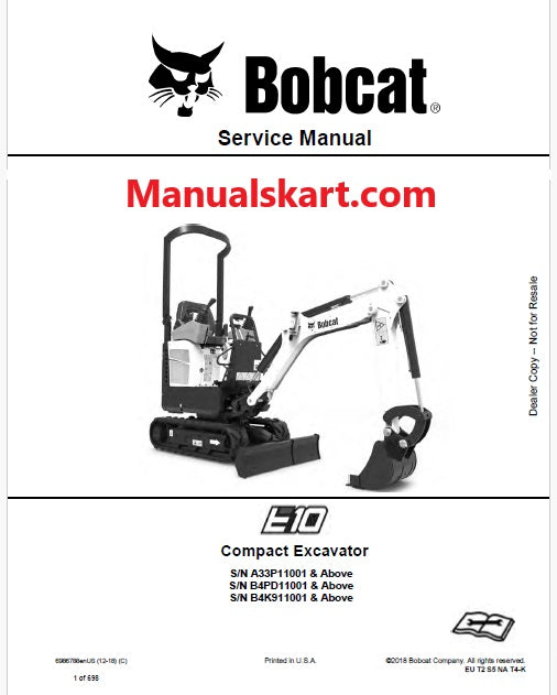 Bobcat E10 Compact Excavator Pdf Repair Service Manual