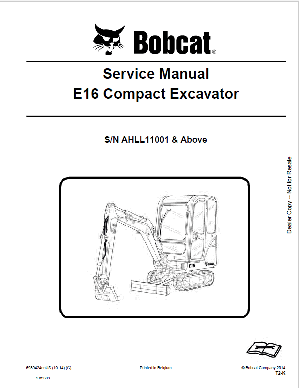 Bobcat E16 Compact Excavator Pdf Repair Service Manual (p. Nb. 6989424enus 10-14 C)