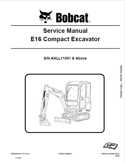 Bobcat E16 Compact Excavator Pdf Repair Service Manual (p. Nb. 6989424enus 10-14 C)