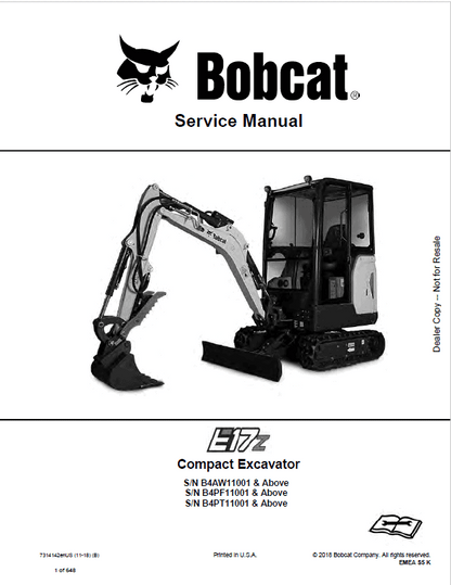 Bobcat E17Z Compact Excavator Pdf Repair Service Manual (Pb. No. 7314142enus 11-18 B)