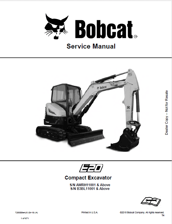 Bobcat E20 Compact Excavator Pdf Repair Service Manual (Pb. No. 7255008enus 04-18 A)