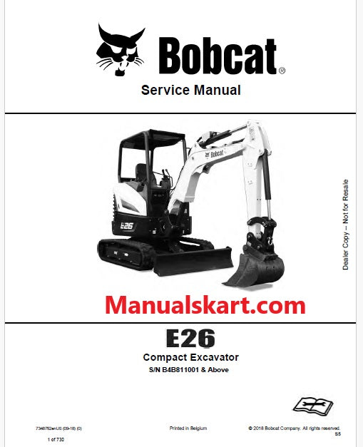 Bobcat E26 Compact Excavator Pdf Repair Service Manual S/N B4B811001 & Above