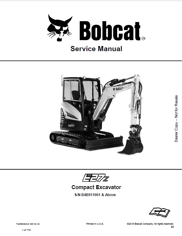 Bobcat E27Z Compact Excavator Pdf Repair Service Manual Download (Pb. No. 7349963ENUS 08-18 0)