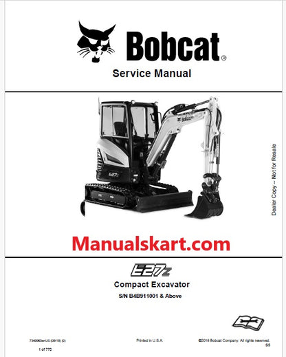 Bobcat E27Z Compact Excavator Pdf Repair Service Manual S/N B4B911001 & Above