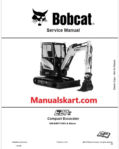 Bobcat E27Z Compact Excavator Pdf Repair Service Manual S/N B4R711001 & Above