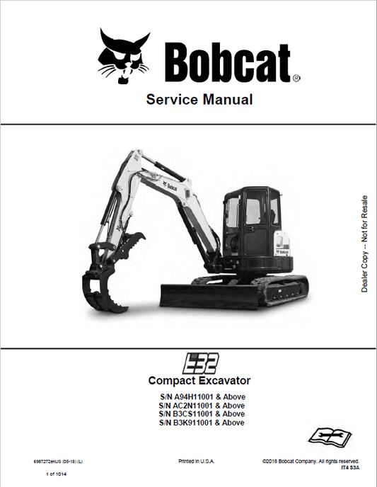 Bobcat E32 Compact Excavator Pdf Repair Service Manual (Pb. No. 6987272enus 05-18 L)