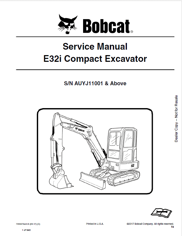 Bobcat E32i Compact Excavator Pdf Repair Service Manual (Pb. No. 7243979enus 03-17 C)