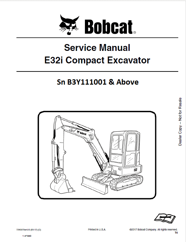 Bobcat E32i Compact Excavator Pdf Repair Service Manual Download (Pb. No. 7243979enus 03-17 C)