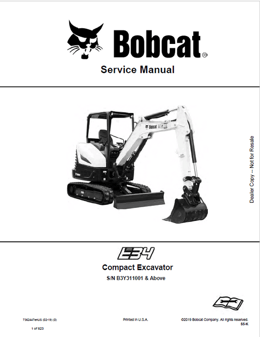 Bobcat E34 Compact Excavator Pdf Repair Service Manual (Pb. No. 7362447enus 02-19 0)