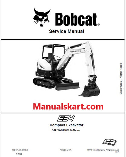 Bobcat E34 Compact Excavator Pdf Repair Service Manual S/N B3Y311001 & Above