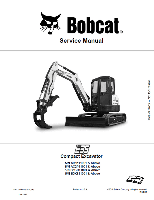 Bobcat E35 Compact Excavator Pdf Repair Service Manual (Pb. No. 6987276enus 05-18 K)