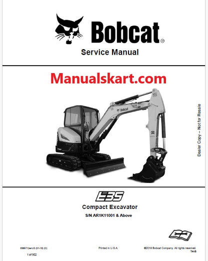 Bobcat E35 Compact Excavator Pdf Repair Service Manual S/N AR1K11001 & Above