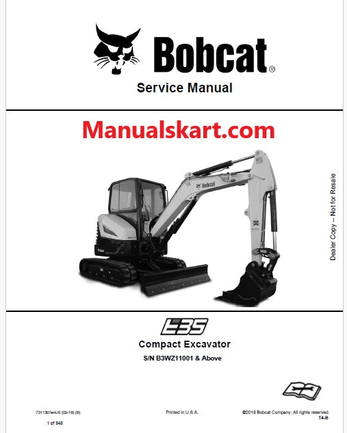 Bobcat E35 Compact Excavator Pdf Repair Service Manual S/N B3WZ11001 & Above