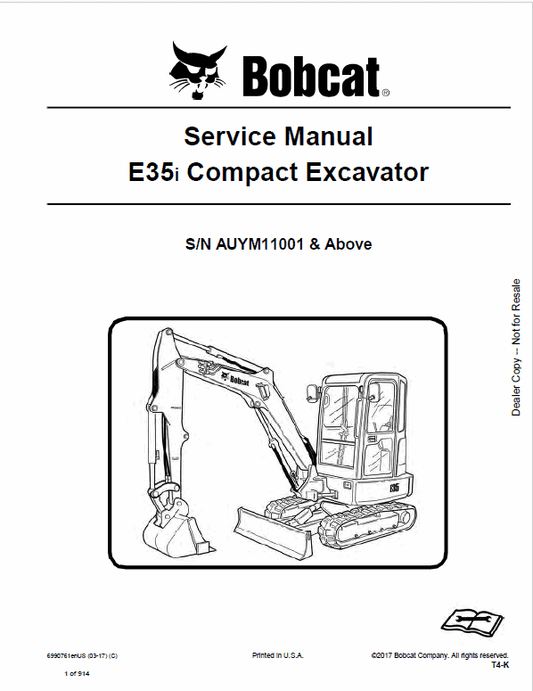 Bobcat E35i Compact Excavator Pdf Repair Service Manual (Pb. No. 6990761enus 03-17 C)